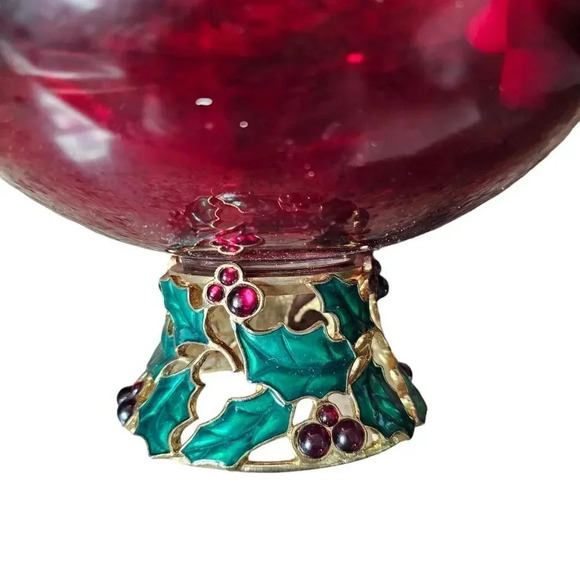 Teleflora Christmas Centerpiece Bowl Vase Red Glass Enameled Holly Berry Holiday - Picture 6 of 8